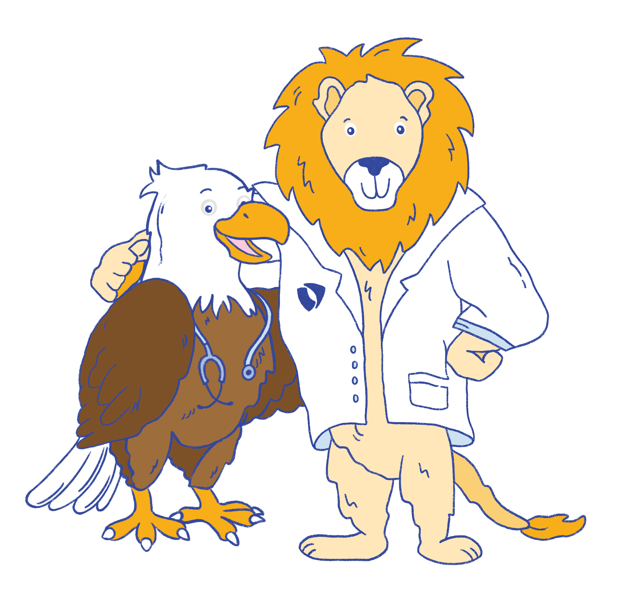 An illustration featuring Valor Compounding Pharmacy mascots, an illustrated lion in a lab coat and an eagle with a stethoscope. 