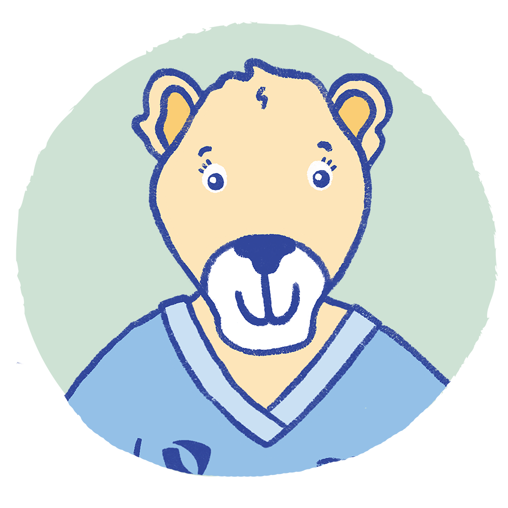 An illustration featuring Compounding pharmacy lioness mascot wearing scrubs