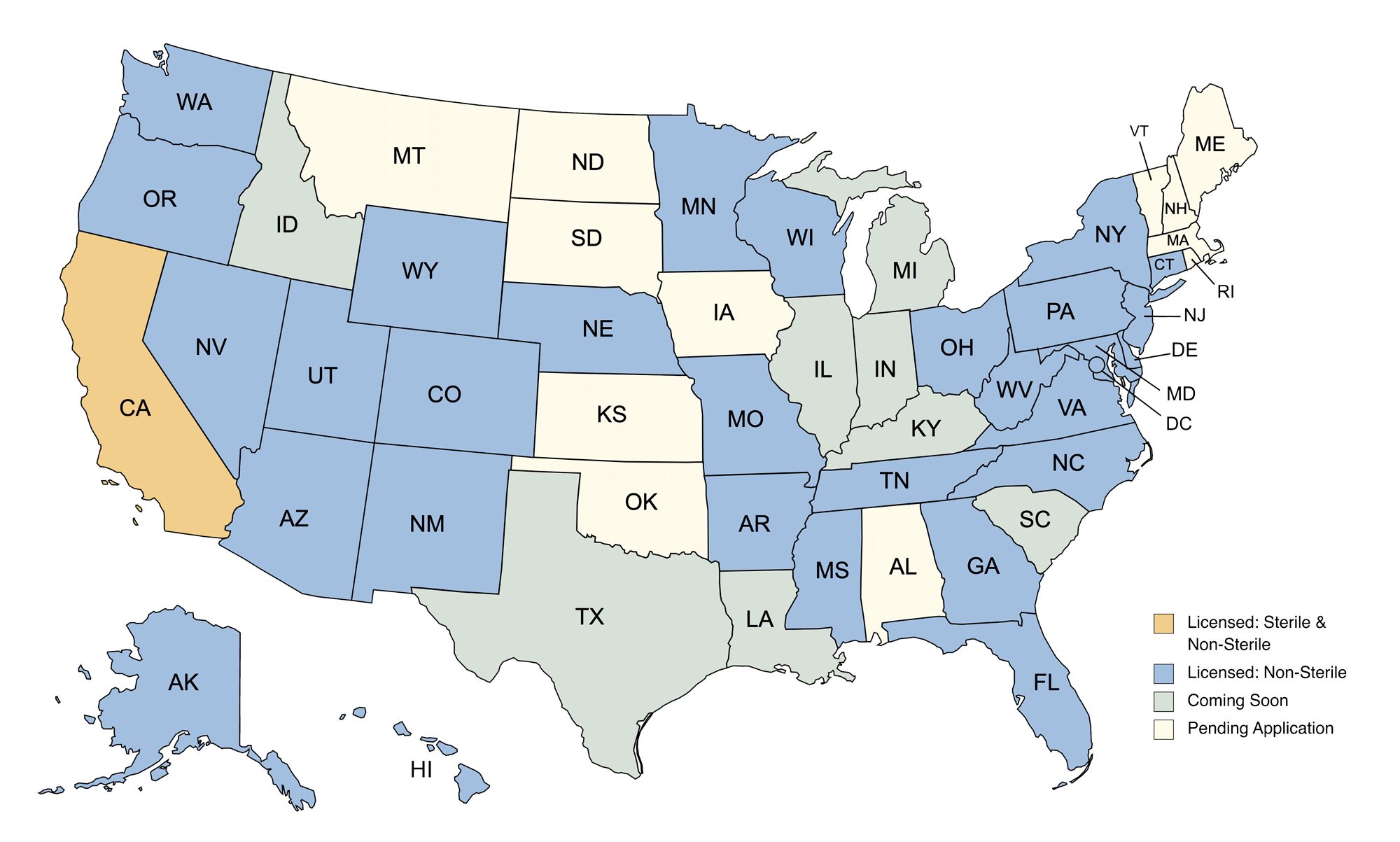Map of the USA labeled with states Valor Compounding Pharmacy serves
